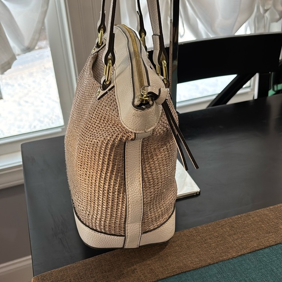 Liz Claiborne Woven Straw & Leather Floral Tote Bag Tan Pink - Picture 6 of 14